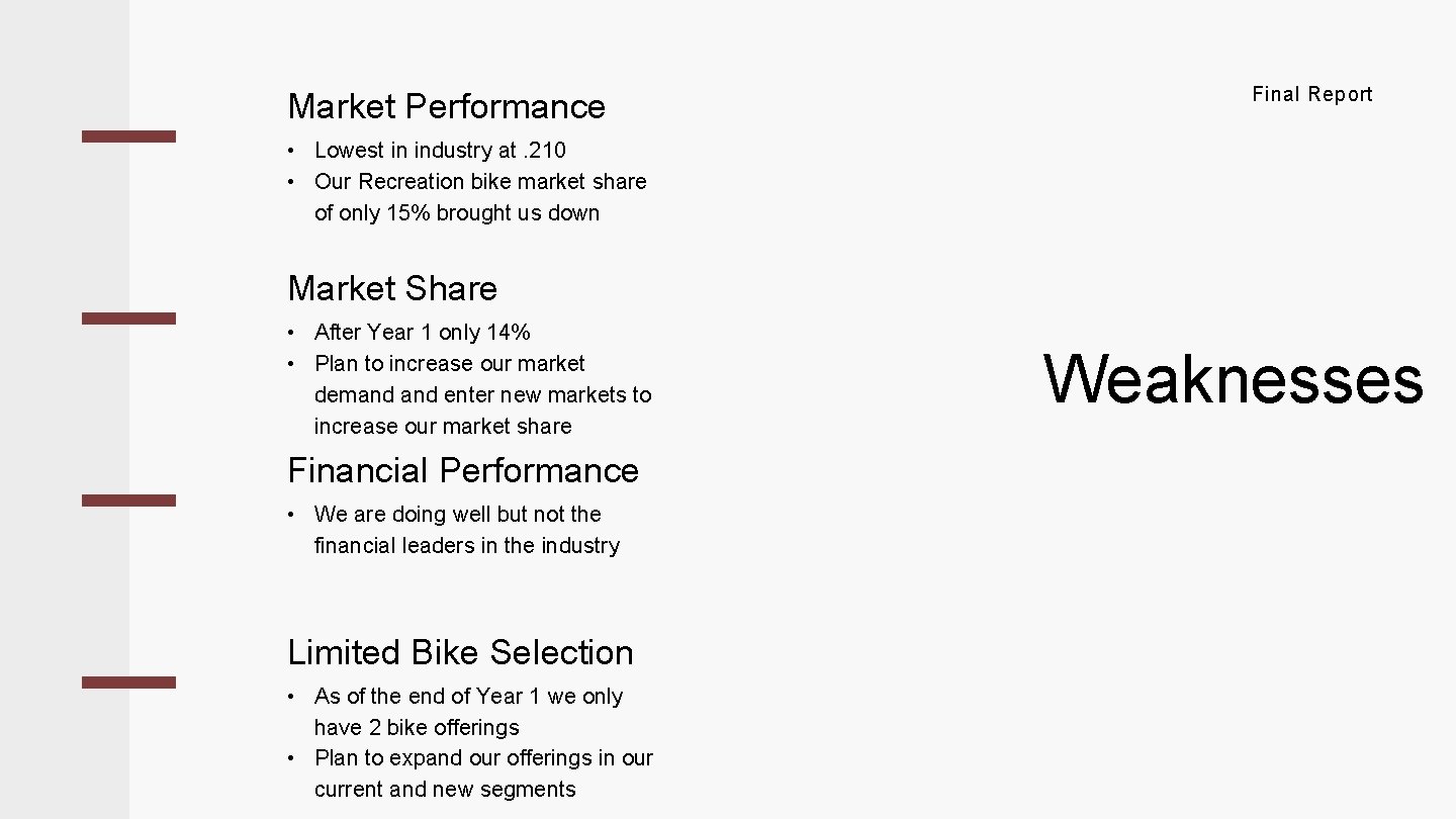 Market Performance Final Report • Lowest in industry at. 210 • Our Recreation bike