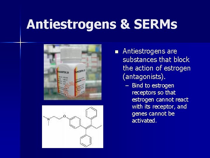 Antiestrogens & SERMs n Antiestrogens are substances that block the action of estrogen (antagonists).