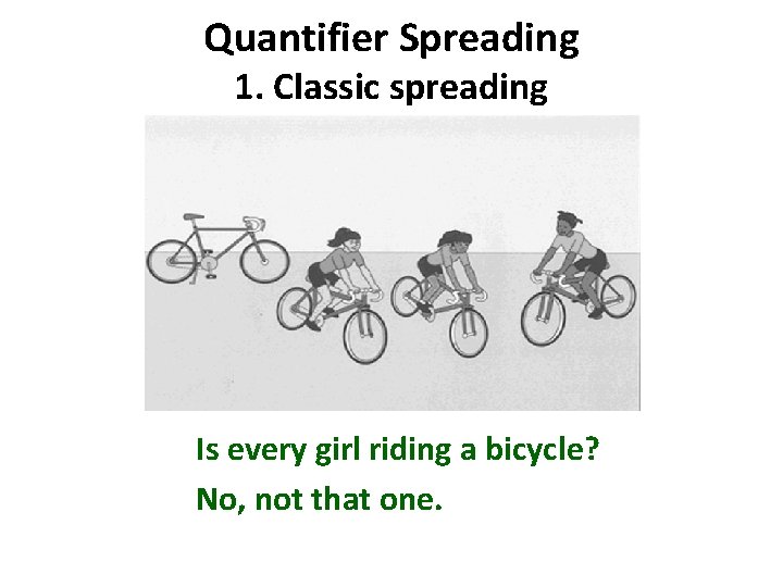 Quantifier Spreading 1. Classic spreading Is every girl riding a bicycle? No, not that