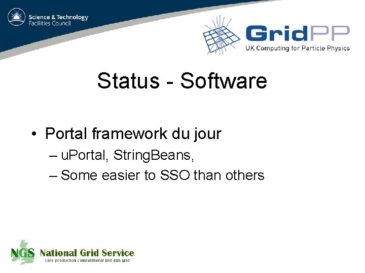 Status - Software • Portal framework du jour – u. Portal, String. Beans, –