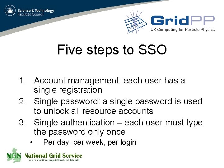Five steps to SSO 1. Account management: each user has a single registration 2.