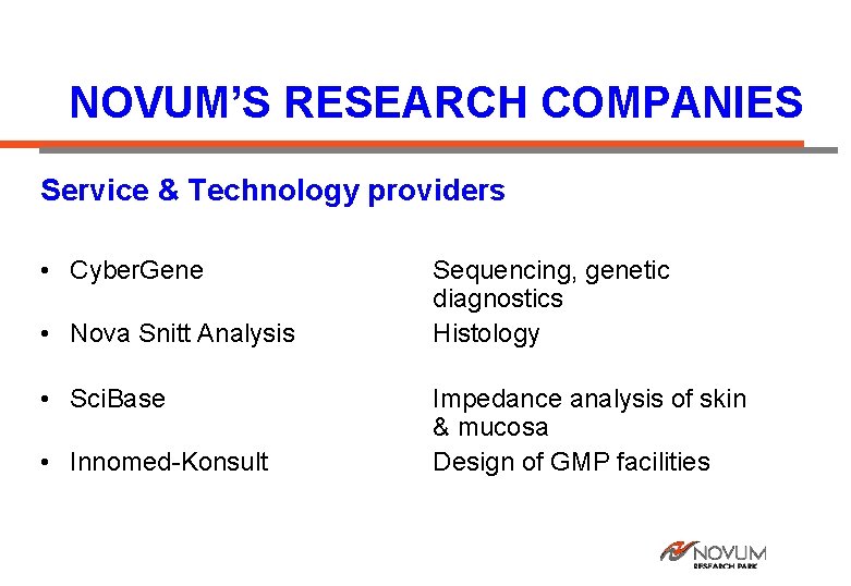 NOVUM’S RESEARCH COMPANIES Service & Technology providers • Cyber. Gene • Nova Snitt Analysis