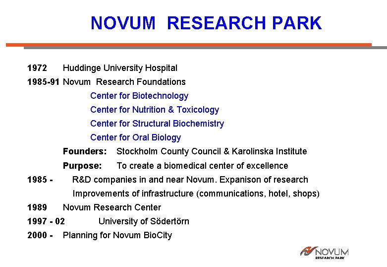 NOVUM RESEARCH PARK 1972 Huddinge University Hospital 1985 -91 Novum Research Foundations Center for