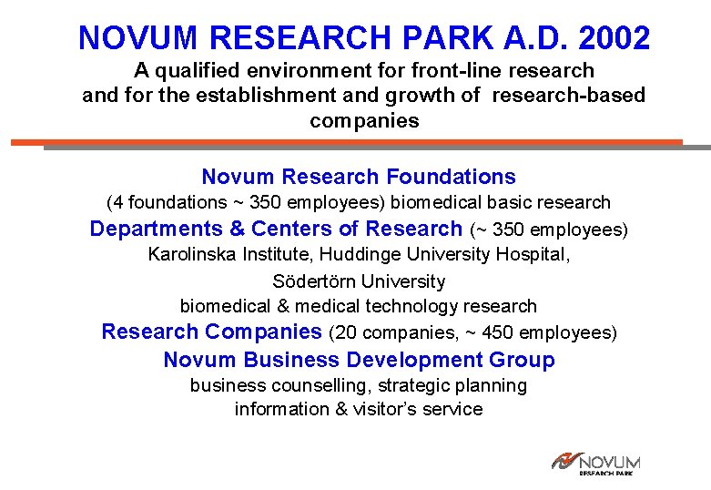 NOVUM RESEARCH PARK A. D. 2002 A qualified environment for front-line research and for