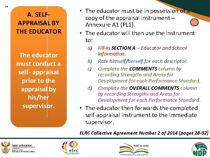 14 A. SELFAPPRAISAL BY THE EDUCATOR The educator must conduct a self- appraisal prior