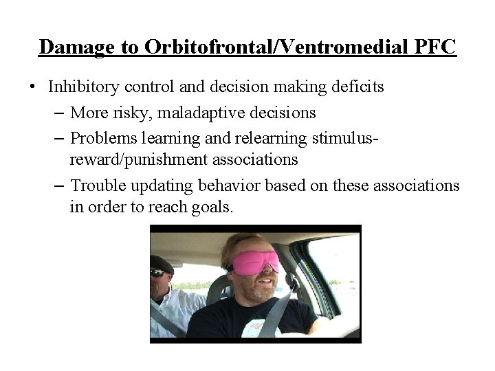 Damage to Orbitofrontal/Ventromedial PFC • Inhibitory control and decision making deficits – More risky,