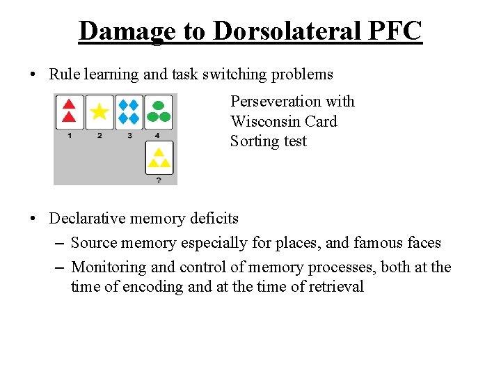 Damage to Dorsolateral PFC • Rule learning and task switching problems Perseveration with Wisconsin