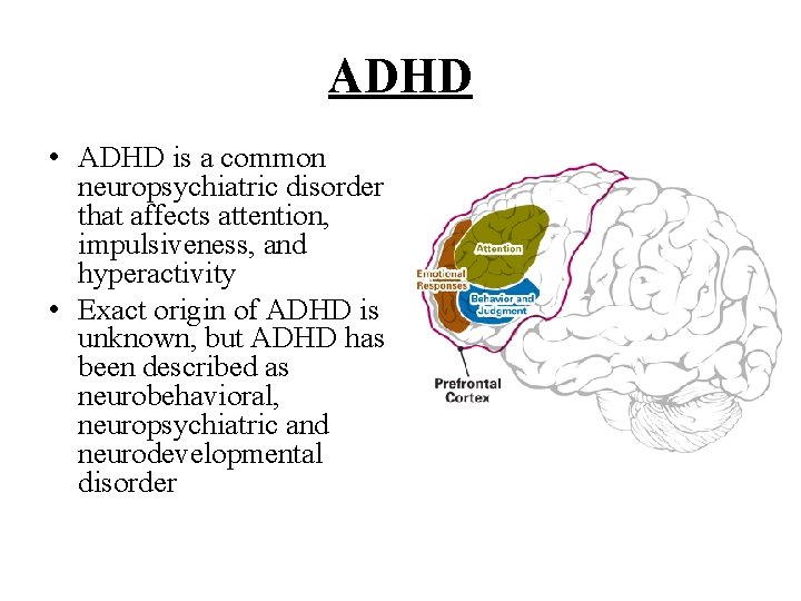 ADHD • ADHD is a common neuropsychiatric disorder that affects attention, impulsiveness, and hyperactivity