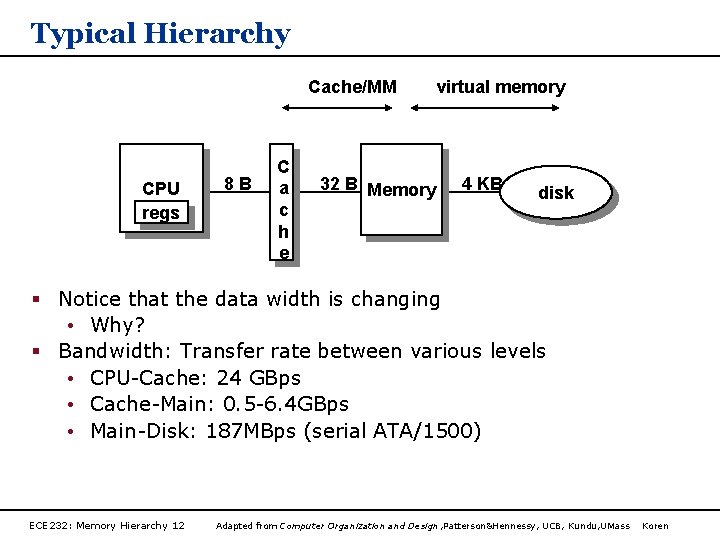 Typical Hierarchy Cache/MM CPU regs 8 B C a c h e 32 B