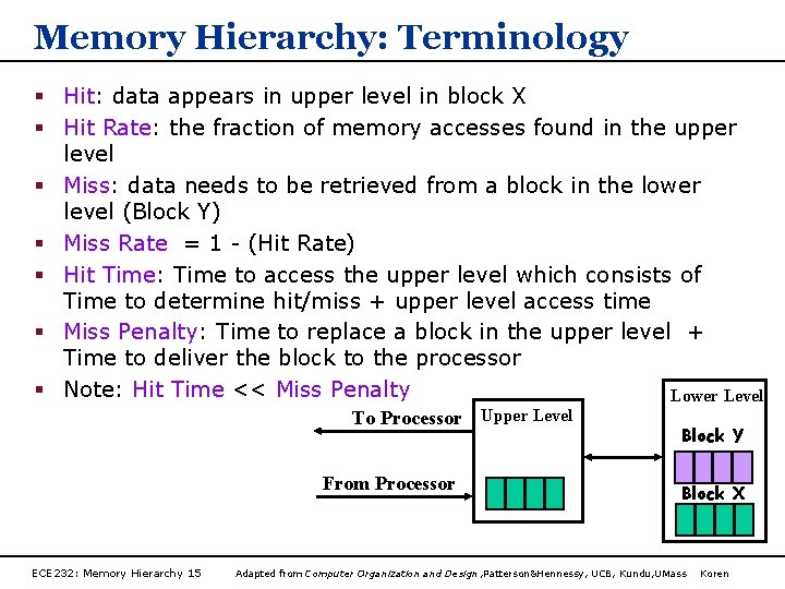 Memory Hierarchy: Terminology § Hit: data appears in upper level in block X §