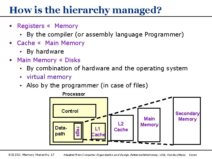How is the hierarchy managed? § Registers « Memory • By the compiler (or