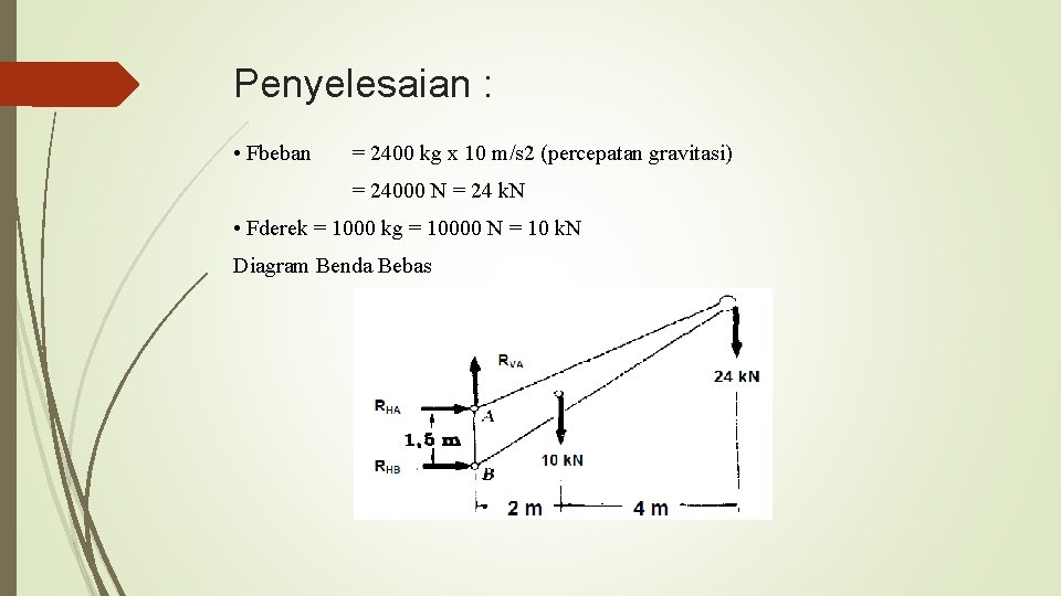 Penyelesaian : • Fbeban = 2400 kg x 10 m/s 2 (percepatan gravitasi) =