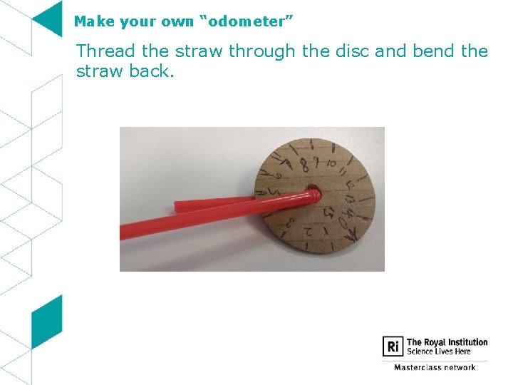 Make your own “odometer” Thread the straw through the disc and bend the straw