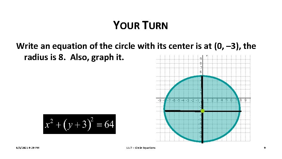 YOUR TURN Write an equation of the circle with its center is at (0,