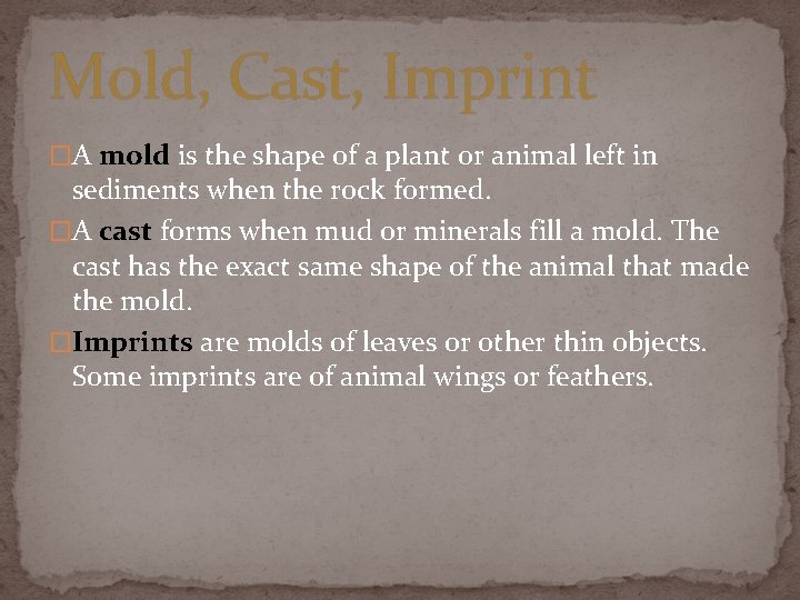 Mold, Cast, Imprint �A mold is the shape of a plant or animal left