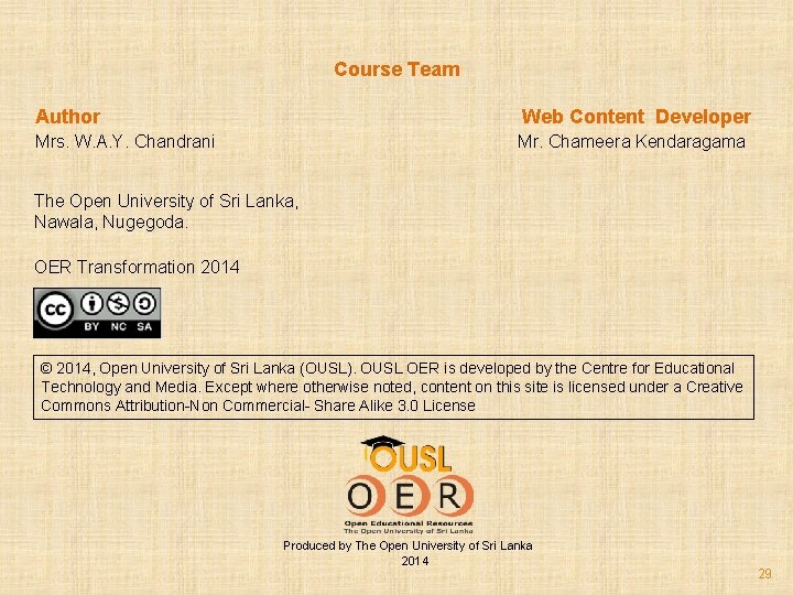 Course Team Author Web Content Developer Mrs. W. A. Y. Chandrani Mr. Chameera Kendaragama