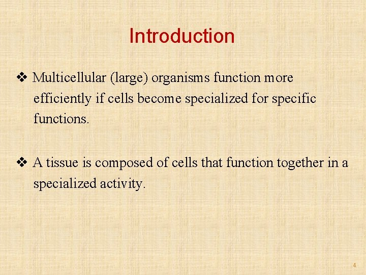 Introduction v Multicellular (large) organisms function more efficiently if cells become specialized for specific