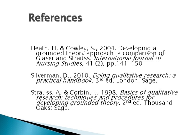 References Heath, H. & Cowley, S. , 2004. Developing a grounded theory approach: a