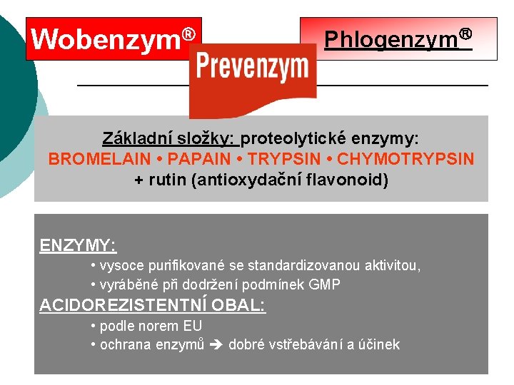 Wobenzym Phlogenzym Základní složky: proteolytické enzymy: BROMELAIN • PAPAIN • TRYPSIN • CHYMOTRYPSIN +