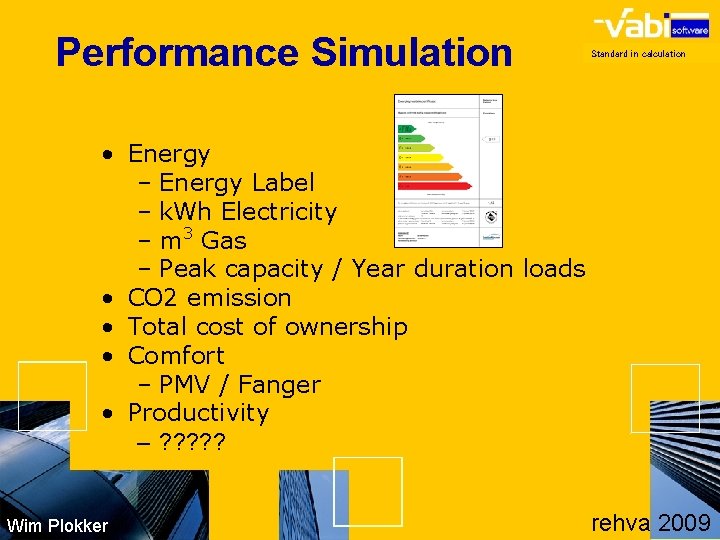 Performance Simulation Standard in calculation • Energy – Energy Label – k. Wh Electricity