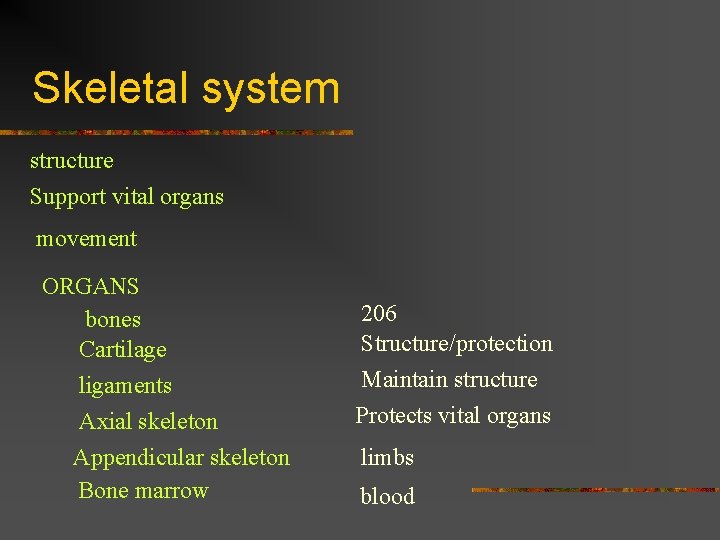 Skeletal system structure Support vital organs movement ORGANS bones Cartilage ligaments Axial skeleton Appendicular