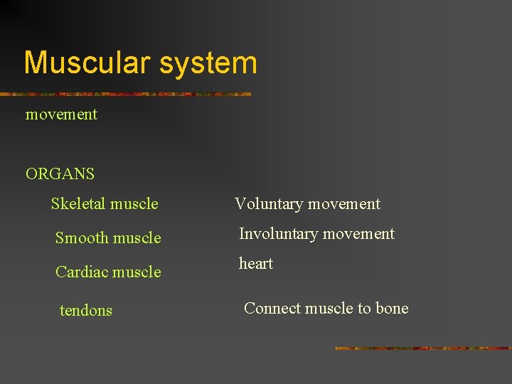 Muscular system movement ORGANS Skeletal muscle Voluntary movement Smooth muscle Involuntary movement Cardiac muscle