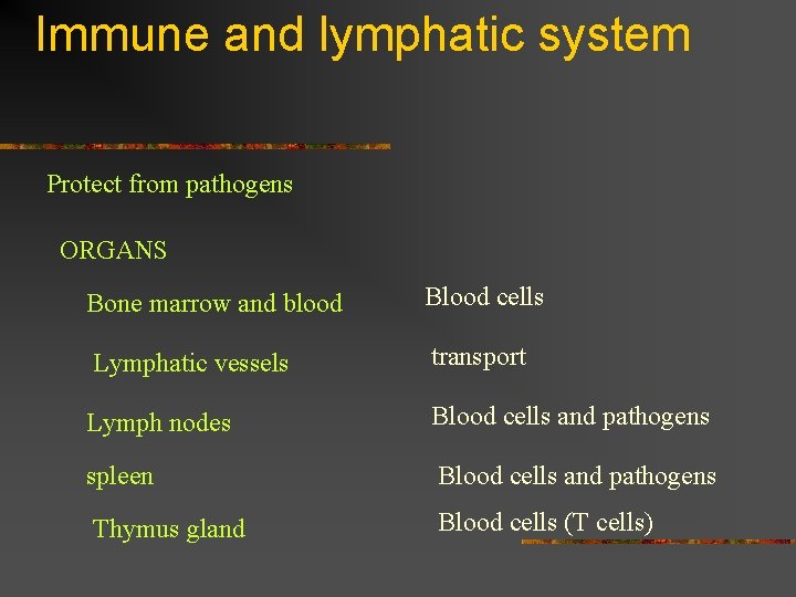 Immune and lymphatic system Protect from pathogens ORGANS Bone marrow and blood Blood cells