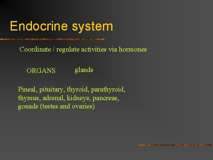 Endocrine system Coordinate / regulate activities via hormones ORGANS glands Pineal, pituitary, thyroid, parathyroid,