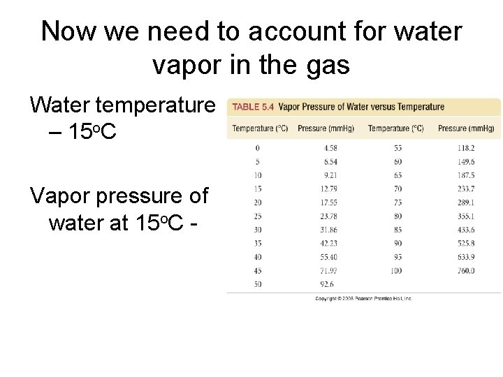 Now we need to account for water vapor in the gas Water temperature –