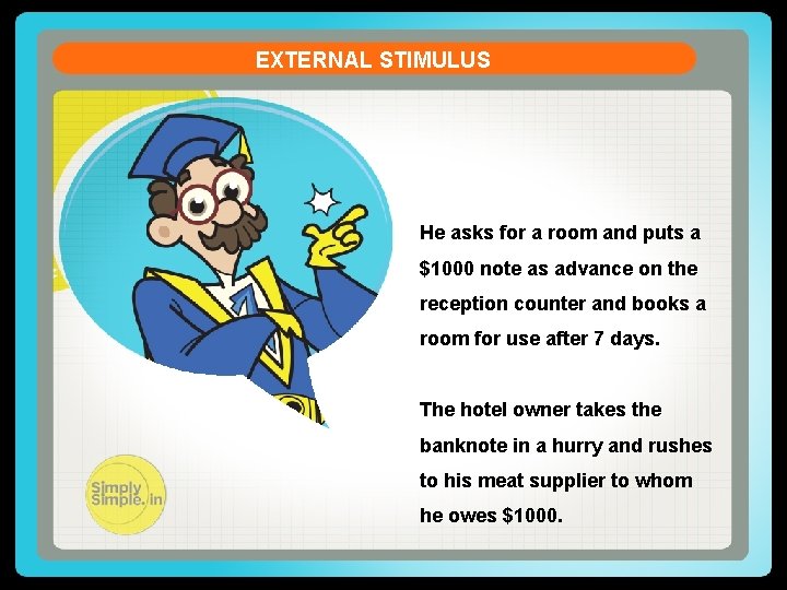 EXTERNAL STIMULUS He asks for a room and puts a $1000 note as advance