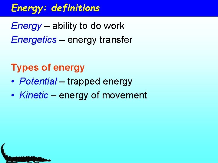 Energy: definitions Energy – ability to do work Energetics – energy transfer Types of