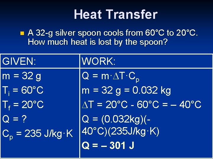 Heat Transfer n A 32 -g silver spoon cools from 60°C to 20°C. How