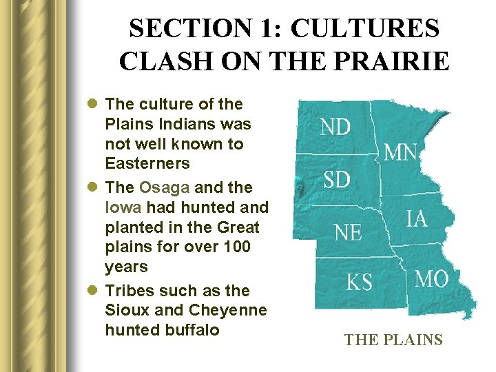 SECTION 1: CULTURES CLASH ON THE PRAIRIE l The culture of the Plains Indians