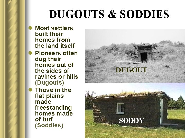 DUGOUTS & SODDIES l Most settlers built their homes from the land itself l