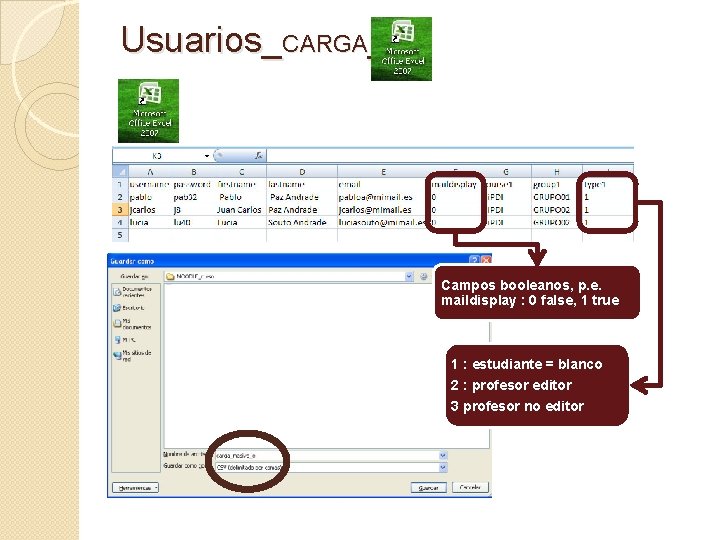 Usuarios_CARGA_ Campos booleanos, p. e. maildisplay : 0 false, 1 true 1 : estudiante