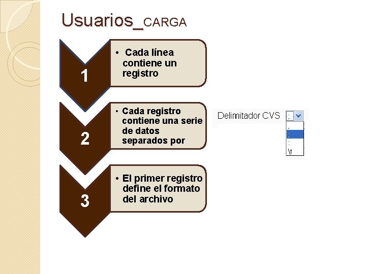 Usuarios_CARGA 1 2 3 • Cada línea contiene un registro • Cada registro contiene