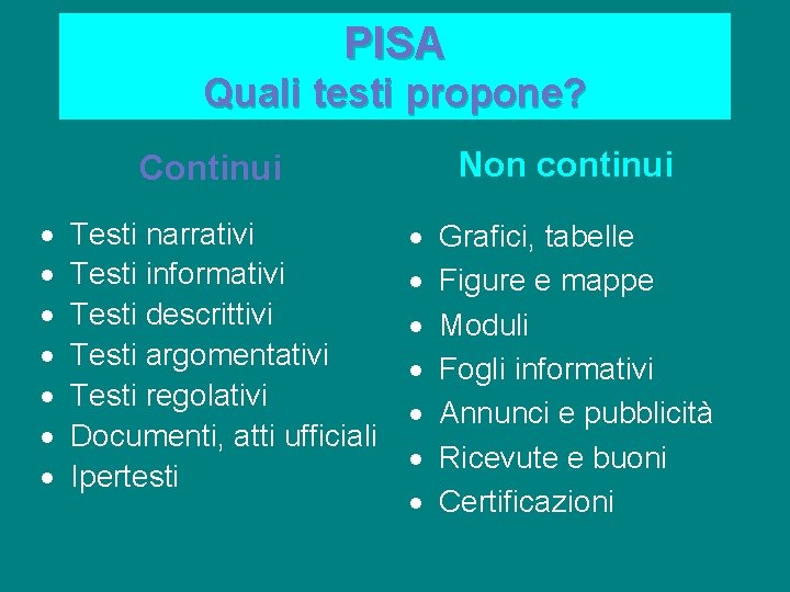 PISA Quali testi propone? Non continui Continui · · · · Testi narrativi Testi