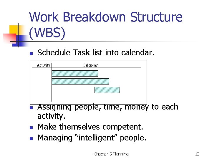 Work Breakdown Structure (WBS) n Schedule Task list into calendar. Activity n n n