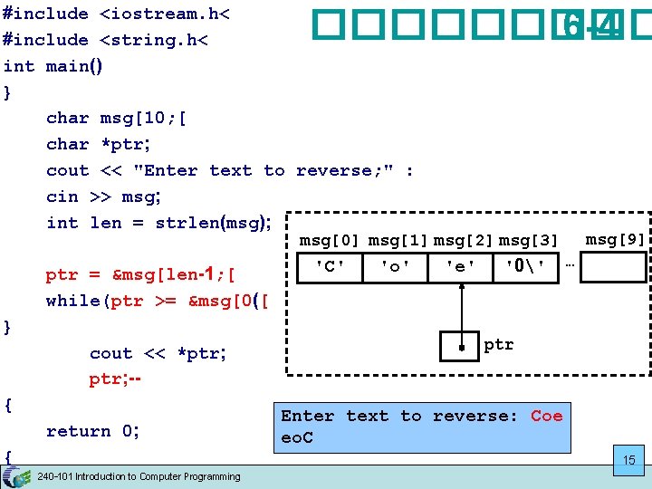 #include <iostream. h< #include <string. h< int main() } char msg[10; [ char *ptr;