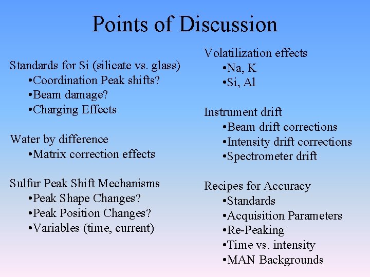 Points of Discussion Standards for Si (silicate vs. glass) • Coordination Peak shifts? •