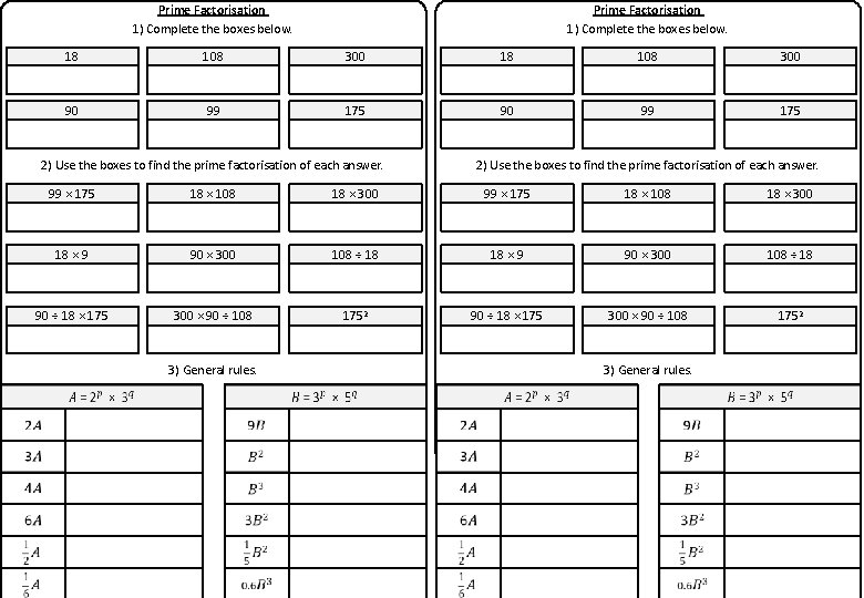 Prime Factorisation 1) Complete the boxes below. 18 108 300 90 99 175 2)