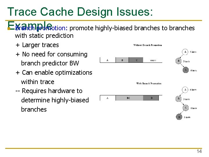 Trace Cache Design Issues: Example Branch promotion: promote highly-biased branches to branches n with