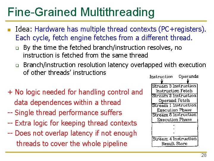 Fine-Grained Multithreading n Idea: Hardware has multiple thread contexts (PC+registers). Each cycle, fetch engine
