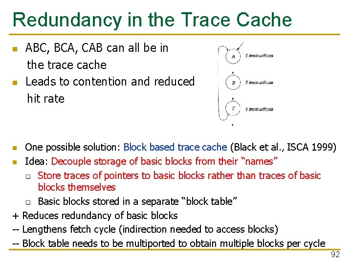 Redundancy in the Trace Cache n n ABC, BCA, CAB can all be in