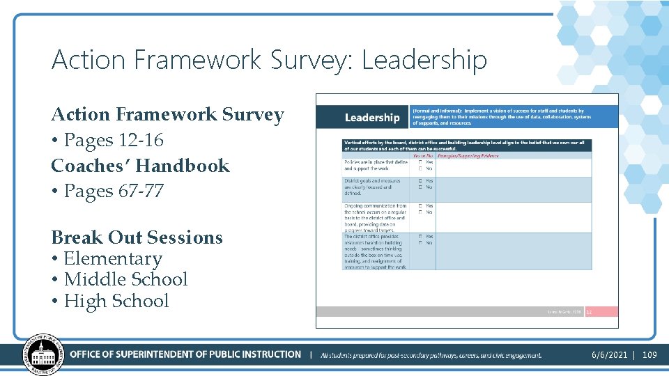 Action Framework Survey: Leadership Action Framework Survey • Pages 12 -16 Coaches’ Handbook •