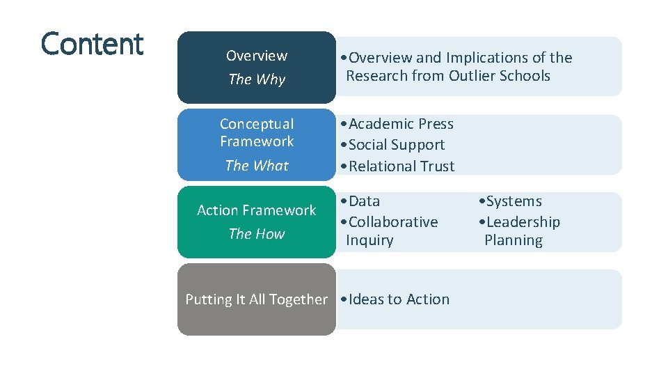Content Overview The Why Conceptual Framework The What Action Framework The How • Overview