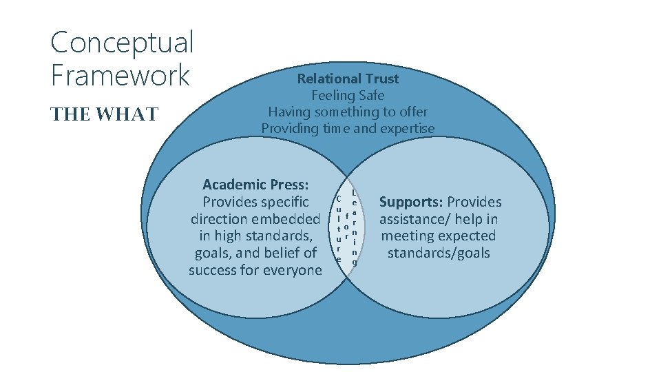 Conceptual Framework THE WHAT Relational Trust Feeling Safe Having something to offer Providing time