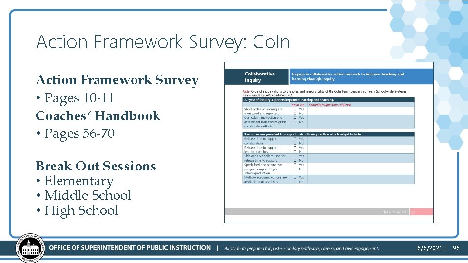 Action Framework Survey: Co. In Action Framework Survey • Pages 10 -11 Coaches’ Handbook