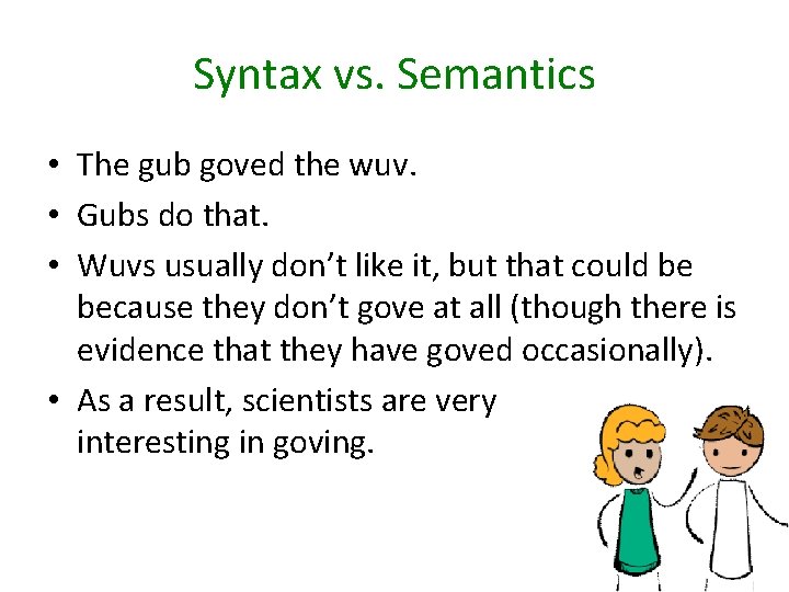 Syntax vs. Semantics • The gub goved the wuv. • Gubs do that. •