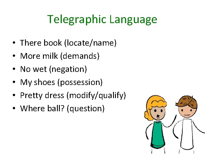 Telegraphic Language • • • There book (locate/name) More milk (demands) No wet (negation)